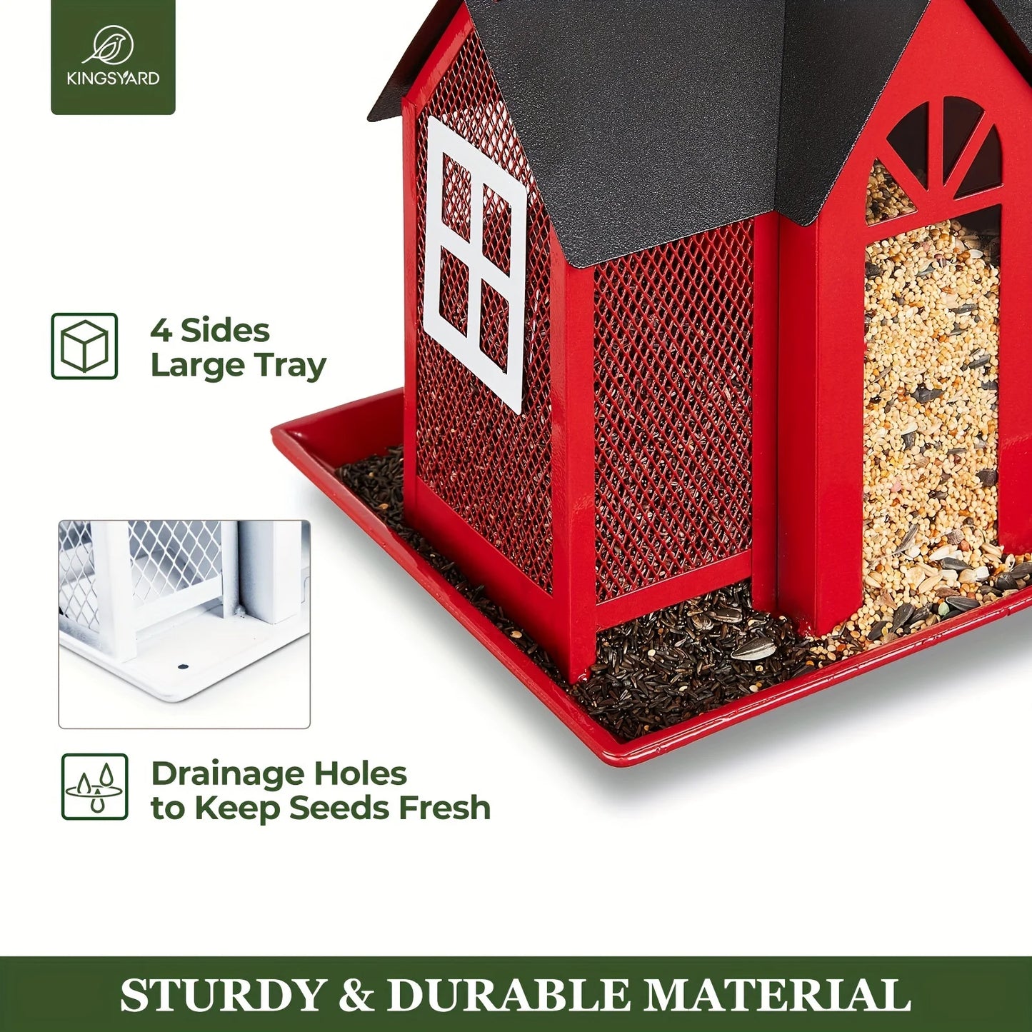 Spacious metal mesh bird feeder with triple compartments. Durable,