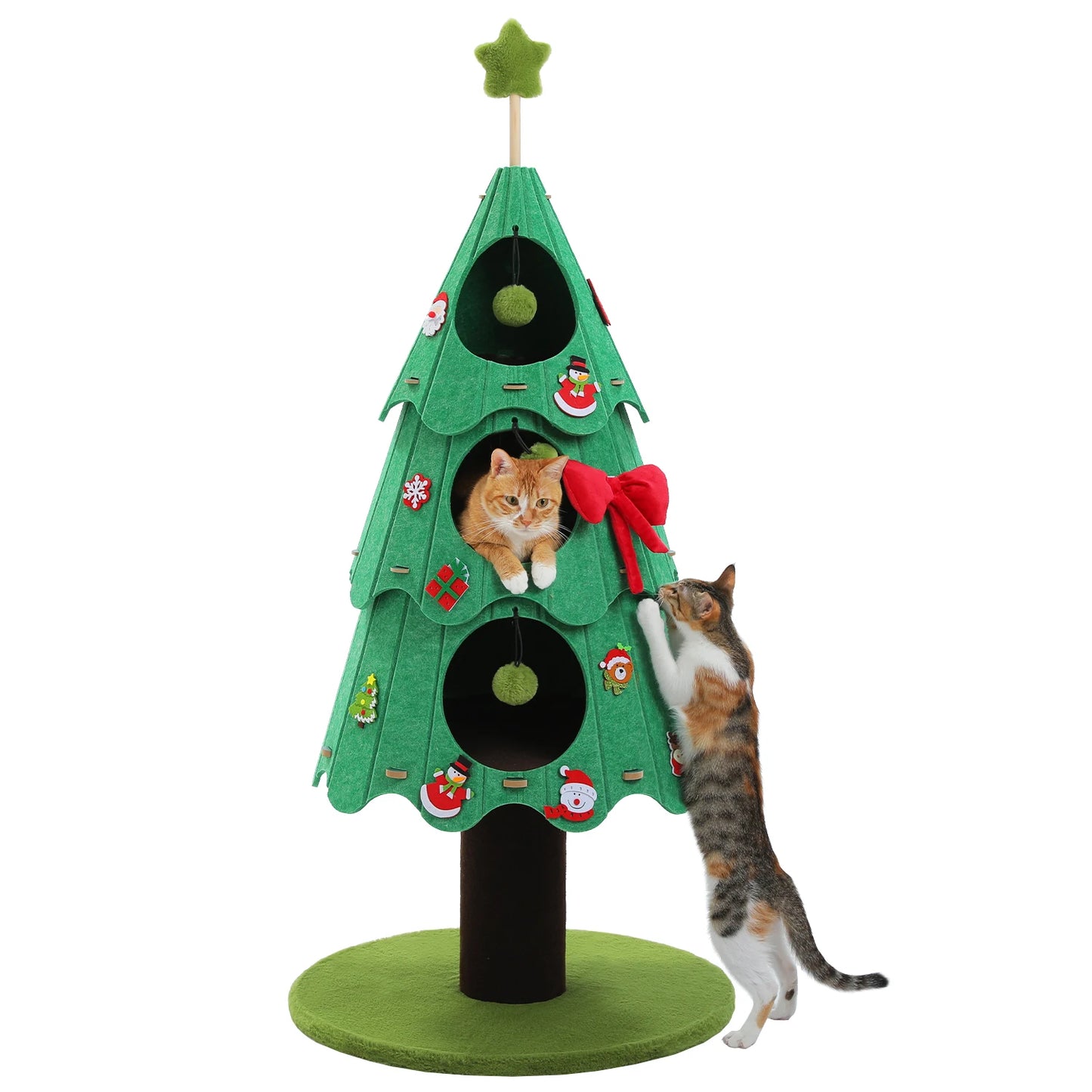 Cats Christmas Tree Tower with 3 Cozy Beds. Pompoms Multi-Level House