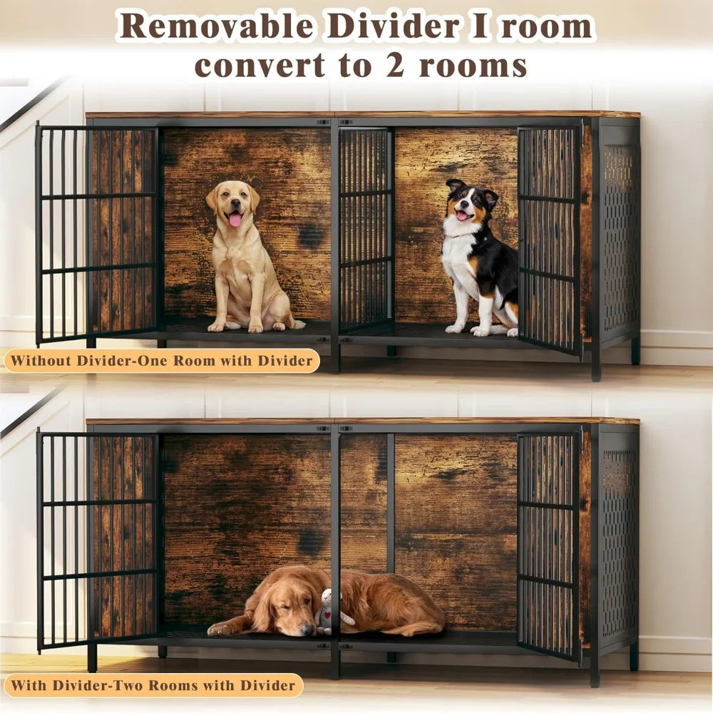 Large Double Dog Crate Furniture for 2 Dogs – Extra Sturdy Metal & Wooden