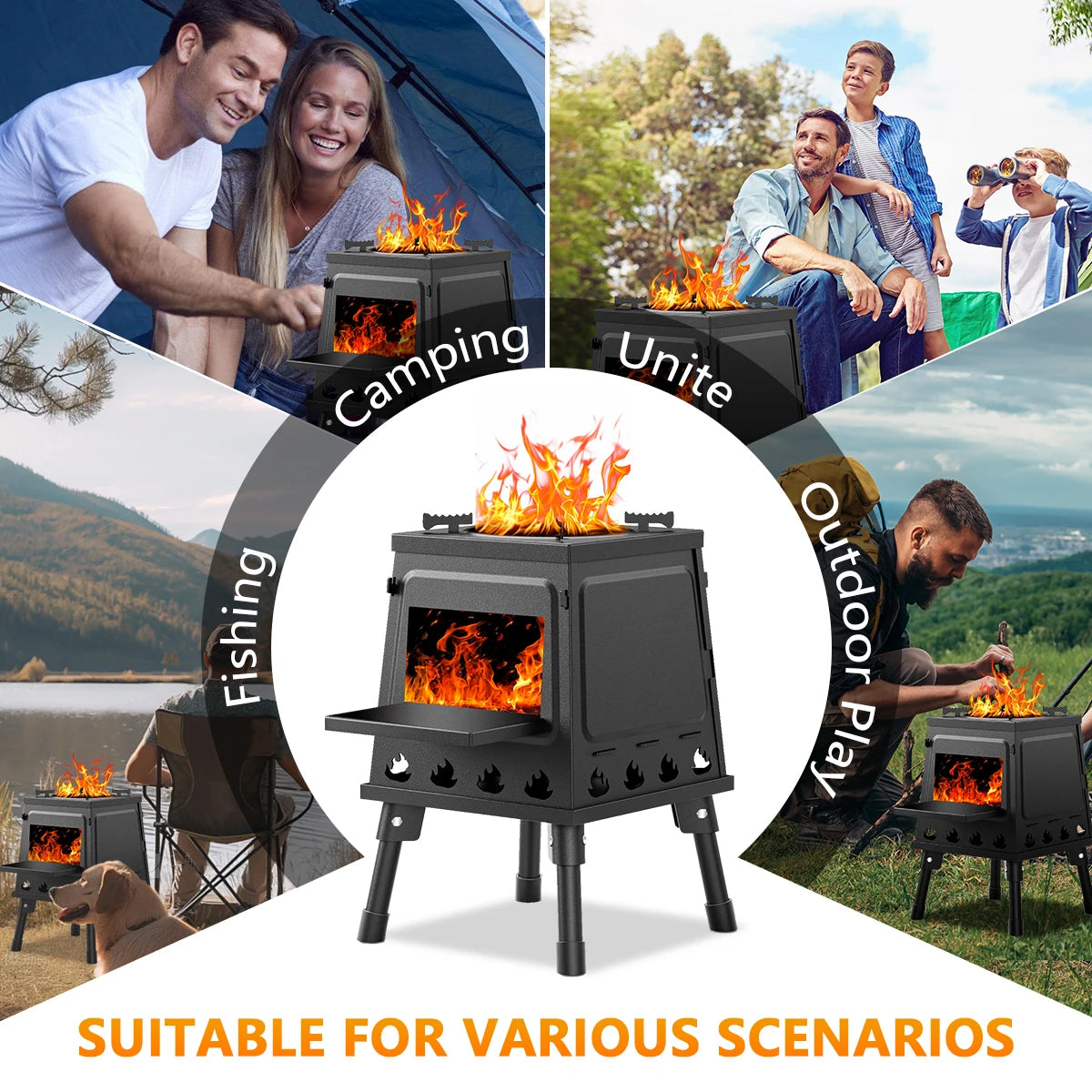 Portable Wood Burning Camp Stove Cast Iron for Hiking, Travel