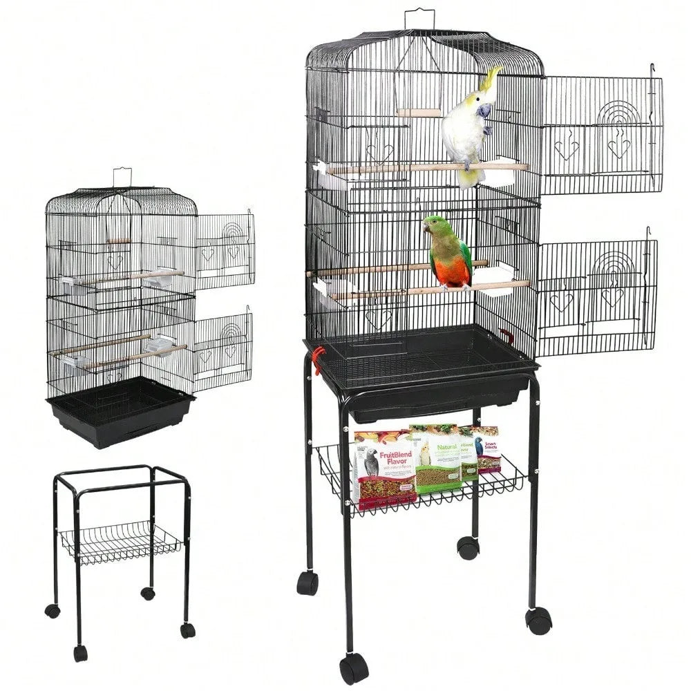 59''H Roiling Bird Cage Home with Stand & Tray Cockatiel, Parakeet, Finch, Canary