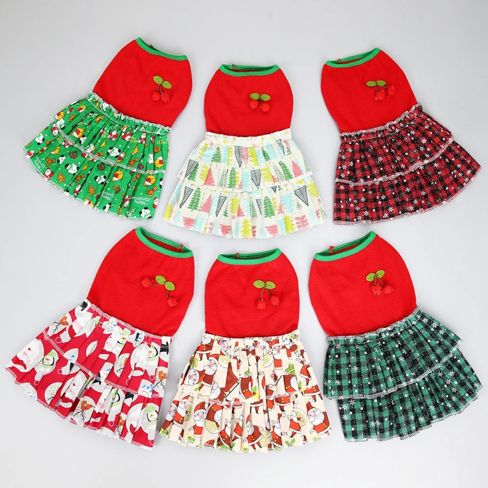 Dog Christmas Dress Warm Fleece Skirt Fancy Dress Clothes Autumn Winter