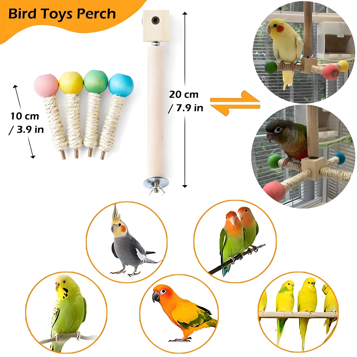 Natural Wood Bird Perch & Exercise Wheel. Engaging Chewable Enrichment Bird Cage
