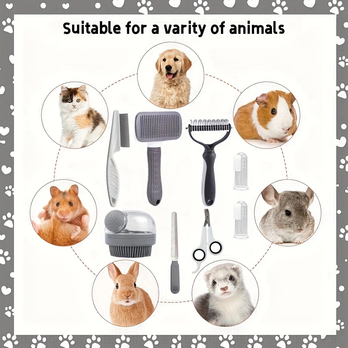 8pcs/set Self-Cleaning Grooming Kit for all animals, with Nail Clippers, File, Flea Comb