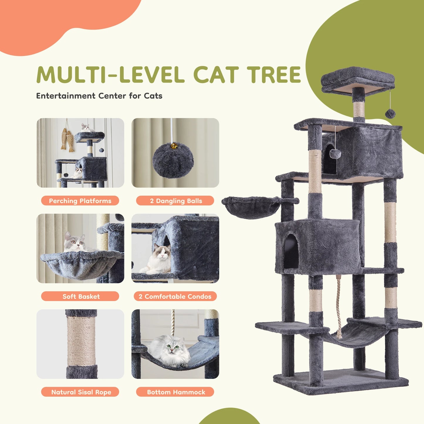 66" Cat Tree Tower. Large Multi-Level with Condo.