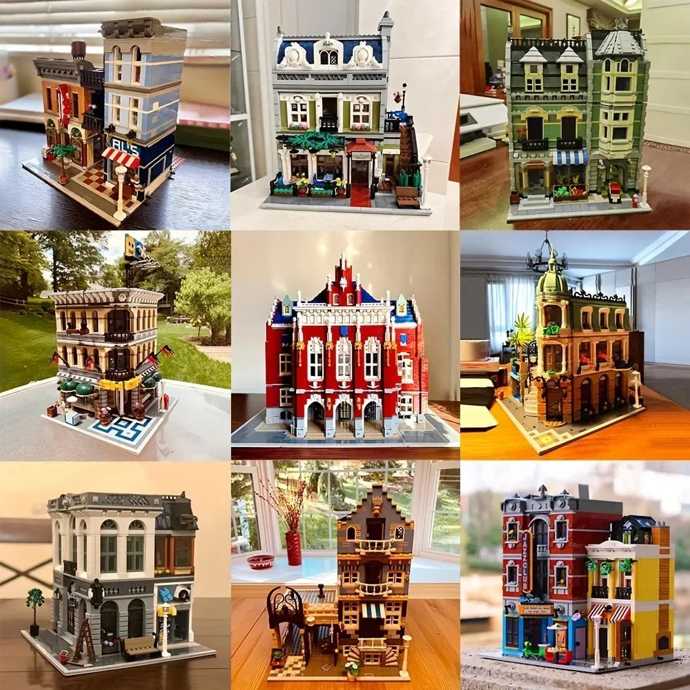 Creative Expert Buildings MOC Street View House, Book Shop Town Hall, Downtown Diner