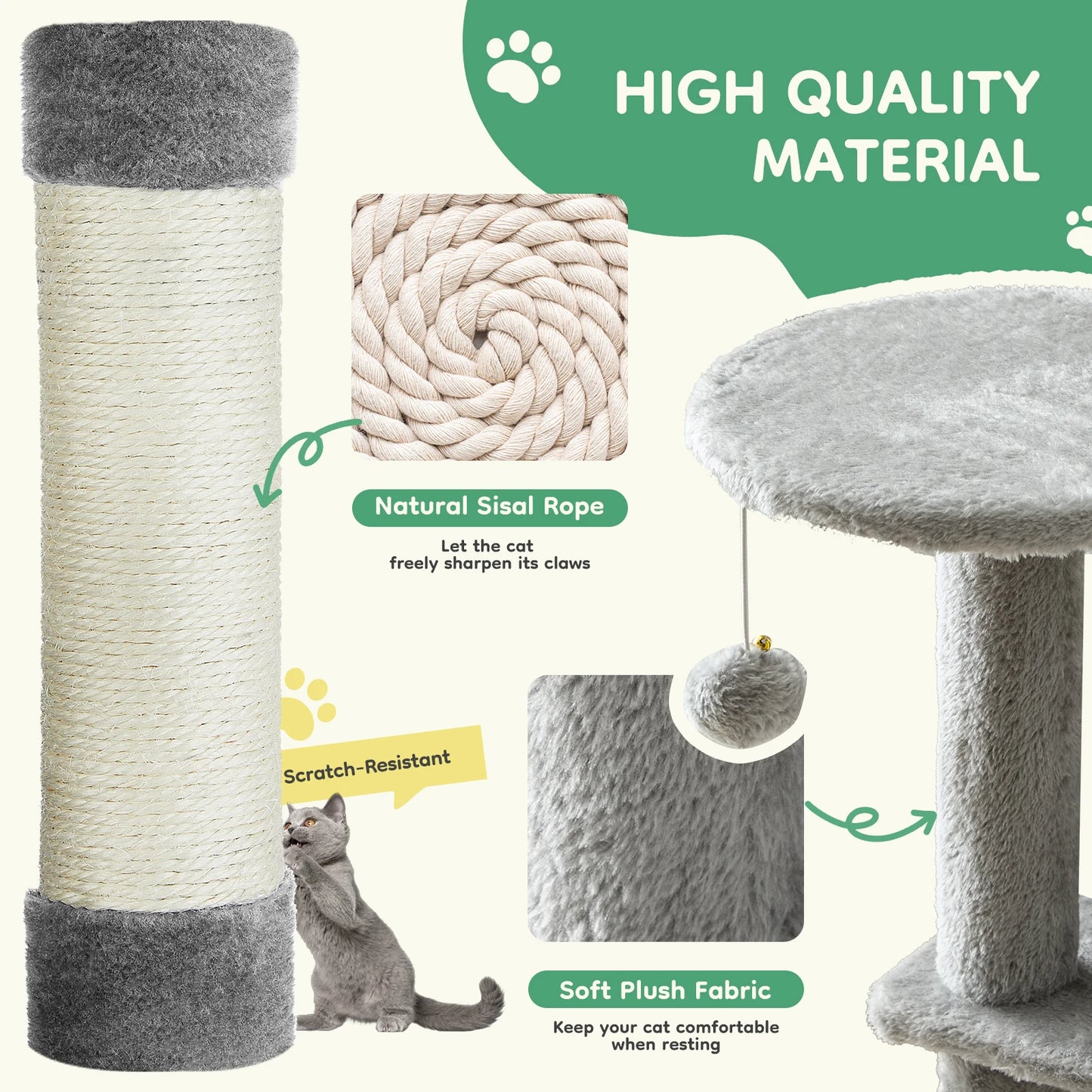 44In Tall Multi-Cat Climbing Tower for Pet Furniture Natural Sisal Scratching Posts