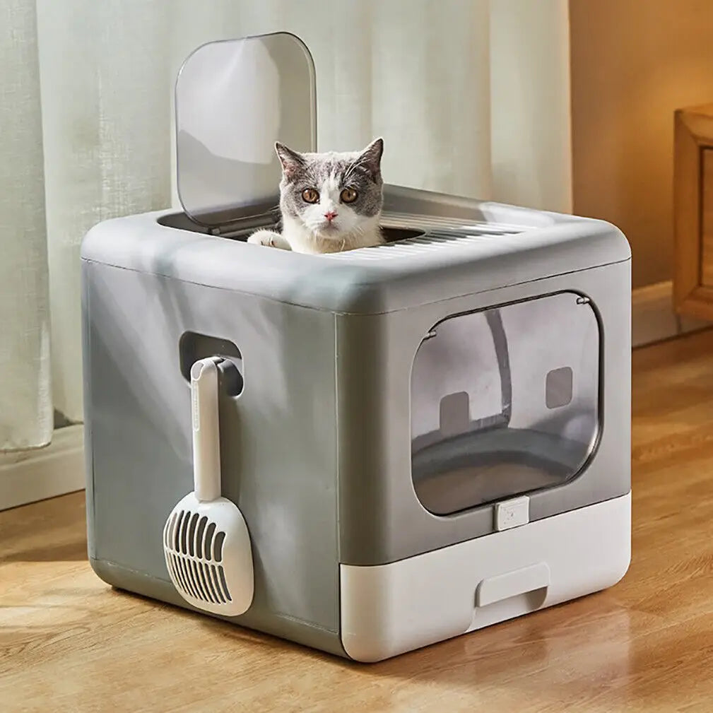 Cat Litter Box with Scoop & Tray Sifting Enclosed Foldable Kitten Toilet.
