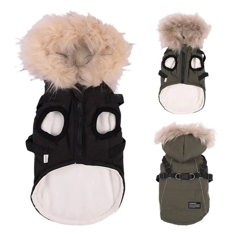 Warm Padded Dog Coat with Harness and Fur Hooded Hat
